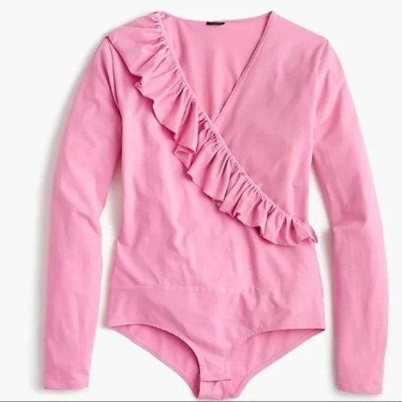 J.Crew Bodysuit Womens Medium Pink Ruffle Long Sleeve V Neck Barbiecore New - Picture 1 of 13